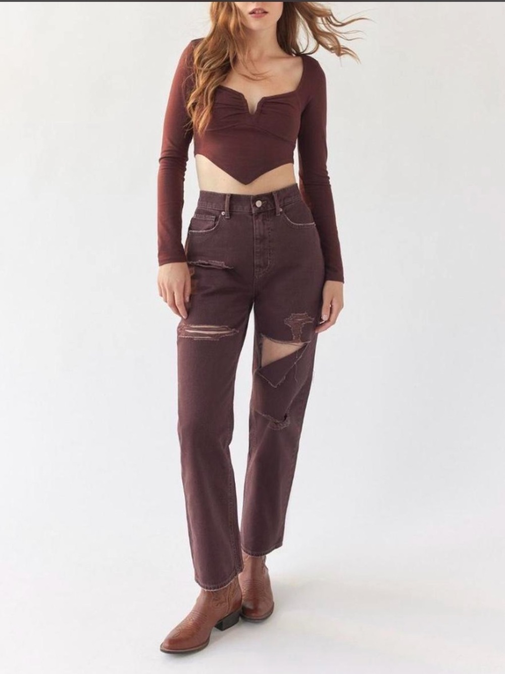 BDG Distressed Cowboy Jeans in Brown/Burgundy size 28